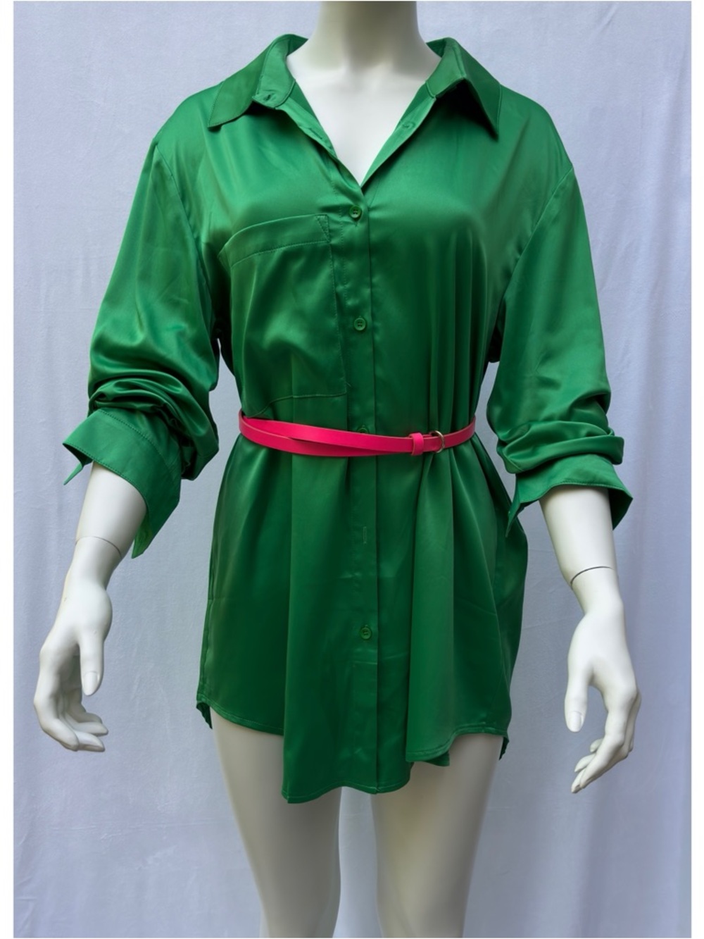 Green Satin Button-Up Shirt Dress Sz L RUNS SMALL